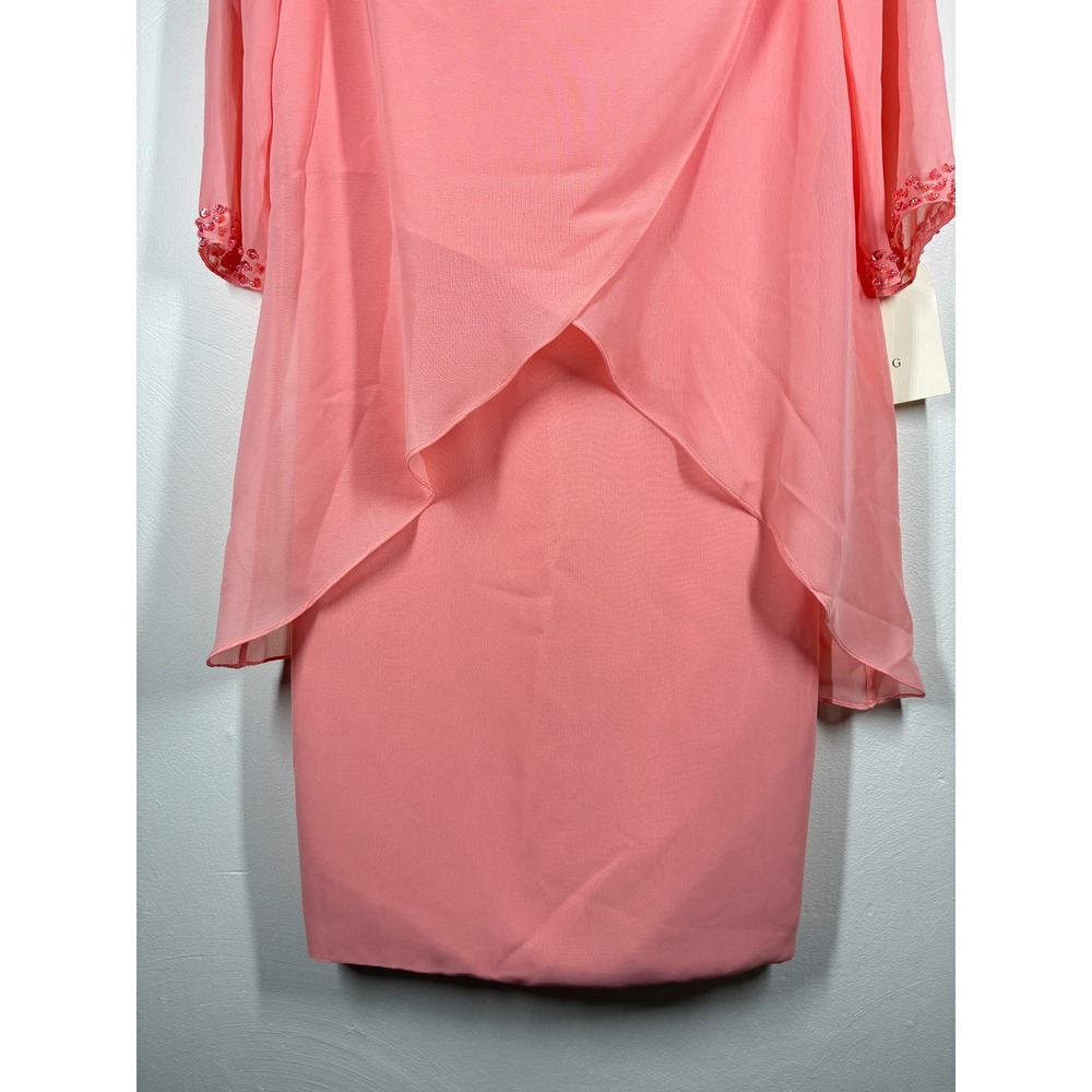 Lanting‎ Beaded Sleeve Chiffon Overlay Sheath Dress Medium Peach Mother of Bride - Picture 3 of 13